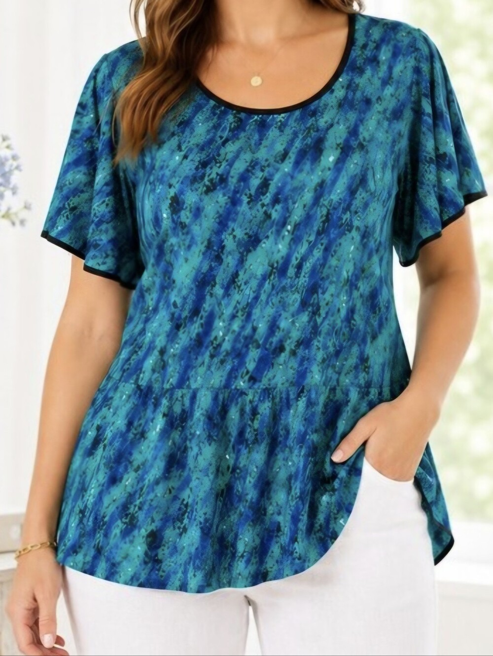 Blue Green Abstract Peplum Top Plus Size 5X Stretch Artsy Career Blouse